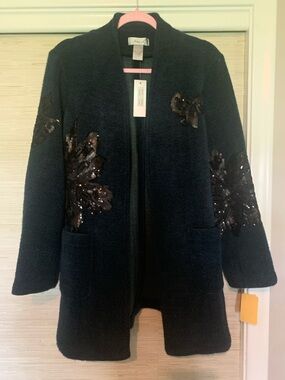Aria Navy Open-Front Coat with Black Sequin Floral Appliqué